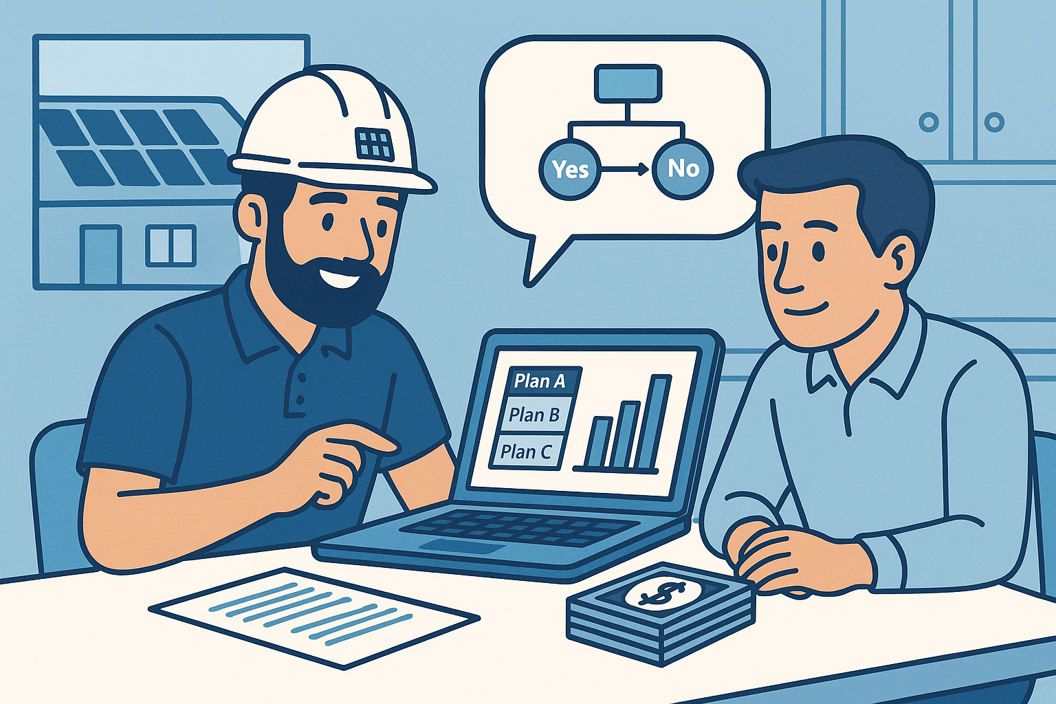 Solar installer consulting with homeowner about solar buyback plans on laptop